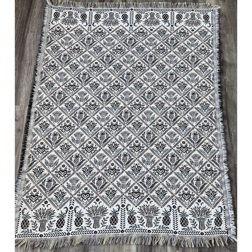 Vtg Goodwin Weavers Tapestry Throw Blanket Pineapples & Tulips 51”x64” USA Made